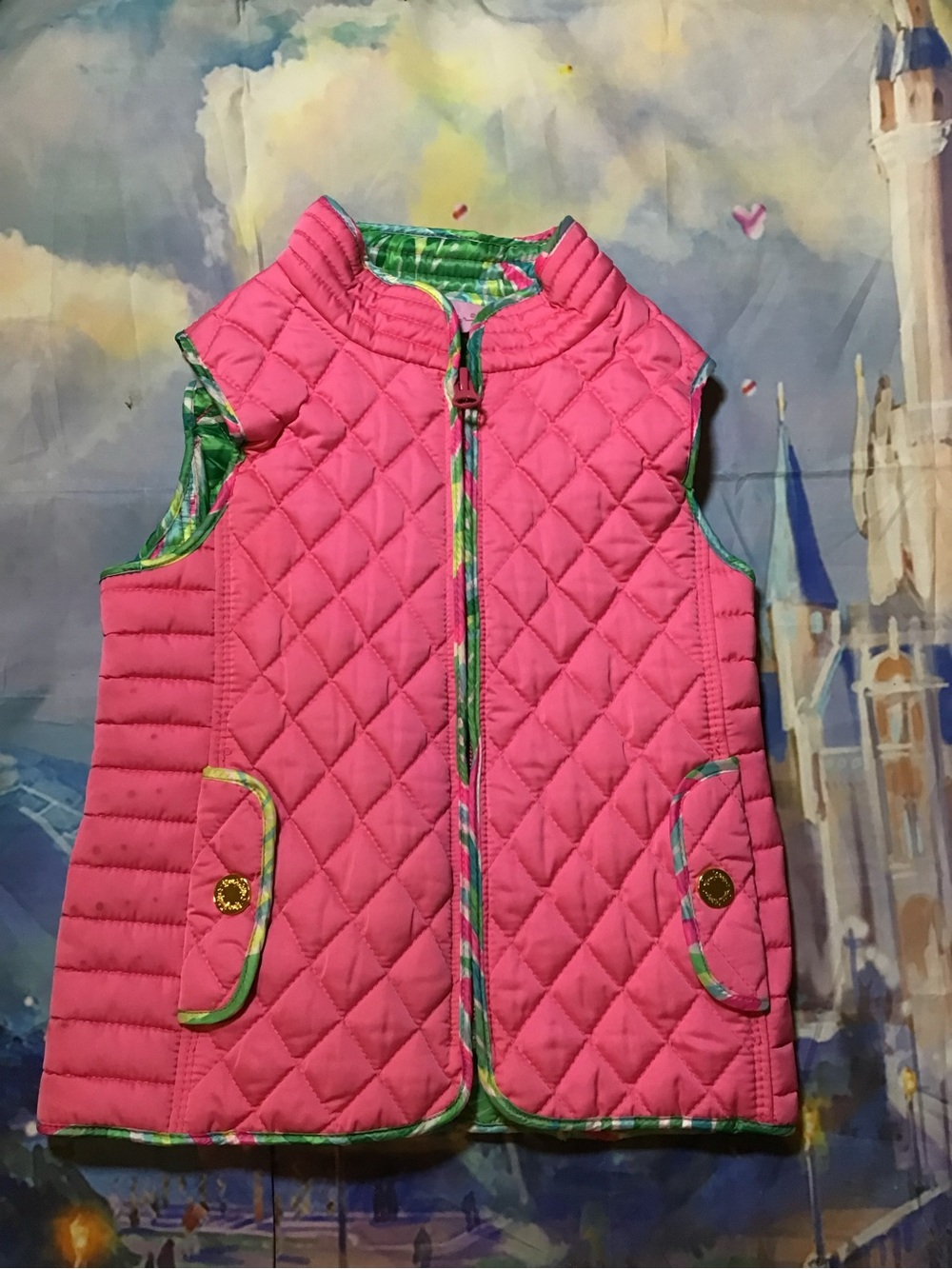 Lilly Pulitzer Lucy vest flamingo pink quilted tropical print child size XS 2-3